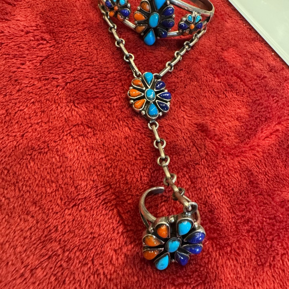 Turquoise,lapis and Orange Spiny Floral Bracelet Ring Set. Sterling